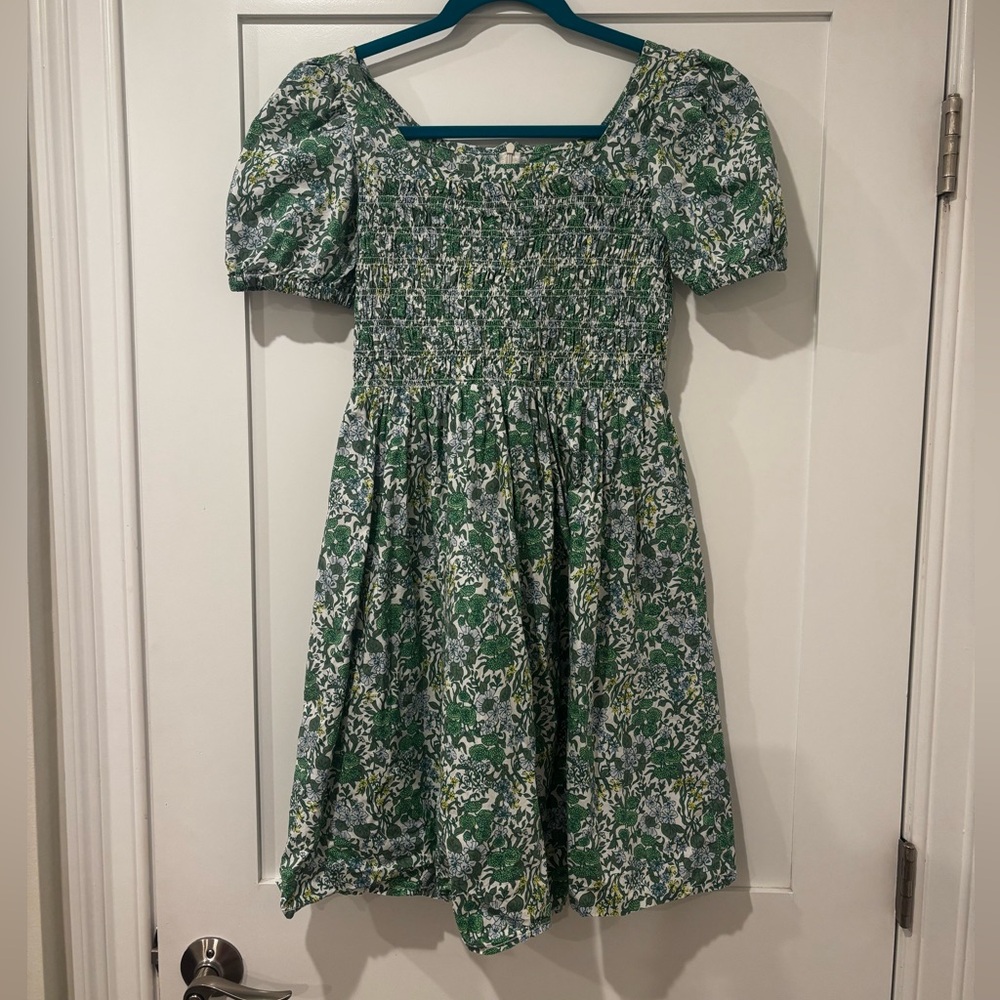 J. Crew Green Floral Smocked Puff-Sleeve Dress